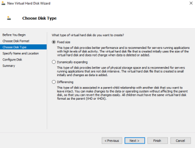 Disk type options including Fixed Size, Dynamically expanding, and Differencing.